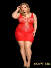 P91166 Эротическое платье-сетка, красное. Plus Size